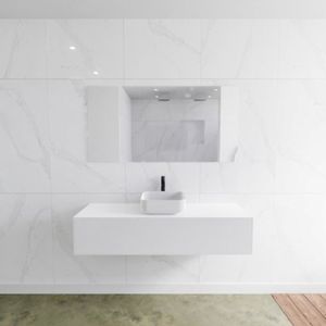 Badkamermeubelset Mondiaz LAGOM 140 cm met Topblad Gecentreerde Wastafel Solid Surface Opzetkom Binx Met 1 Kraangat Mat Wit (1 lade)