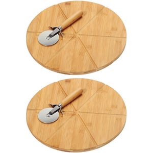 2x Ronde pizza snijplank/serveerplank van bamboe hout 32 cm met pizzames - Serveerplanken