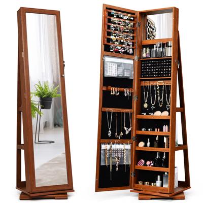 360 Roterende Gespiegelde Sieraden Kast 2-In-1 Afsluitbare Sieraden Organisator met Volledige Lengte Spiegel 39 x 39 x 161 cm (Bruin)