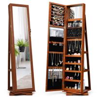 360 Roterende Gespiegelde Sieraden Kast 2-In-1 Afsluitbare Sieraden Organisator met Volledige Lengte Spiegel 39 x 39 x 161 cm (Bruin)