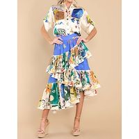 Dames Rok Schommel Polyester Midi Blauw Rokken Geplooid Ruche Meerlaags Casual / Dagelijks Modieus S M L