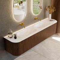 Badmeubel Mondiaz Kurve-Dlux | 190 cm | Meubelkleur Walnut | Wastafelkleur Ostra | Solid surface | Dubbele spoelbak | Zonder kraangat(en)