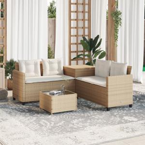 Tuinbank met tafel en kussens L-vormig poly rattan beige