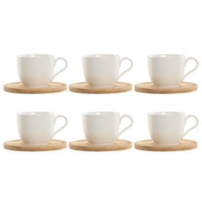 Set van 6 kopjes met schotel Home ESPRIT Wit Natuurlijk Bamboe Porselein 220 ml