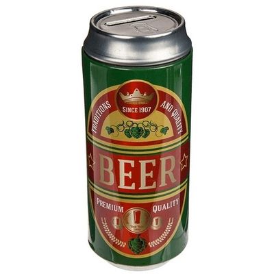 Out of the Blue Spaarpot blikje Bier/Beer - metaal - groen/rood - Drank thema - 16 cm
