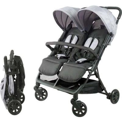 Bambisol - DS209 GRIJS ZWART - Dubbele kinderwagen naast elkaar | Voor tweelingen vanaf de geboorte, ultracompact opvouwbaar | Zwart Grijs