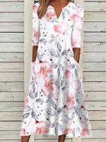 Loose Notched Floral Casual Dress With No
