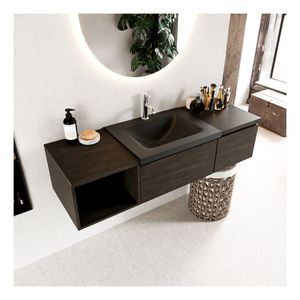 Mondiaz Bukla 140cm badmeubel met open module 40 links dark brown 2 lades met wastafel rechts 1 kraangat kleur urban