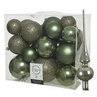 Set van 26x stuks kunststof kerstballen incl. glazen piek glans mosgroen - Kerstbal - thumbnail