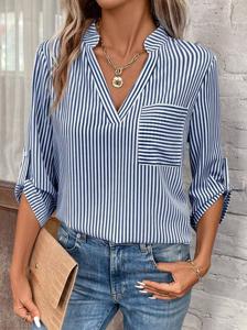 V Neck Striped Loose Casual Shirt