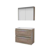 Basic-Line Comfort 39 Badkamermeubelset - Ondiep - 80 x 39 cm - Greeploos - 2 Lades - Acryl Wastafel - 1 Kraangat - Spiegelkast - Scotch Oak