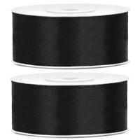 Sierlint satijn - 2x - Zwart - 2.5 cm/25 mm x 25 meter - Cadeaulint satijnlint/sierlinten - Hobby