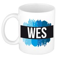 Wes naam cadeau koffie mok - beker - met blauw verfstrepen - Cadeau collega - vaderdag