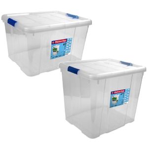 2x Opbergboxen/opbergdozen met deksel 25 en 35 liter kunststof transparant/blauw