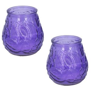 Set van 2x stuks citronella lowboy tafelkaarsen - 10 cm - paars glas - 15 branduren