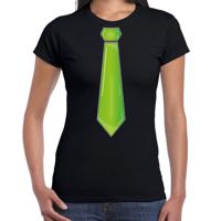 Verkleed t-shirt voor dames - stropdas groen - zwart - carnaval - foute party - verkleedshirt - thumbnail