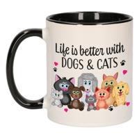 Cadeau koffie/thee mok - life is better with cats and dogs - zwart oor - huisdieren