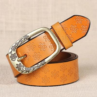 Dames pruim bloesem patroon metalen gesp PU lederen riem (geel bruin)