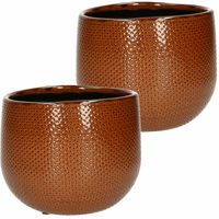 Set van 3x stuks bloempotten bruin ribbels keramiek voor kamerplant H14 x D16 cm