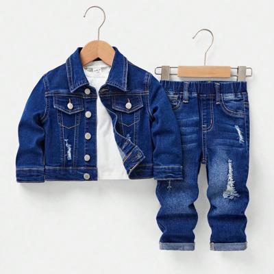 Bon&Bon Boys 2-Piece Ripped Denim Jacket and Stretch Jeans Set - Blue Dark Wash / 9-12M