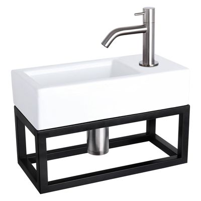 Differnz Ravo fonteinset - 38.5x18.5x25cm - Rechthoek - 1 kraangat - Gebogen matte chromen kraan - met zwart frame - Keramiek Wit 38.401.82