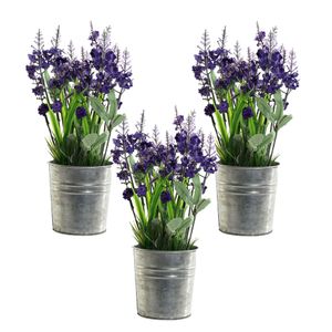 3x stuks lavendel kunstplanten/kamerplanten paars in grijze sierpot H28 cm x D18 cm