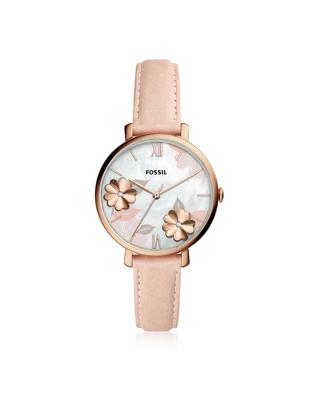 Fossil Jacqueline Dameshorloge met kristalaccent, Rosekleurig, roze leren band en parelmoeren wijzerplaat ES4671