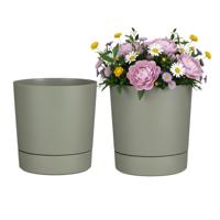 Mica Decorations Bloempot Coco - 2x - met onderschaal - olijfgroen - H19 x D18 cm - kunststof