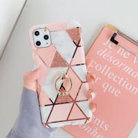 Voor iPhone 11 Pro Max plating kleurrijke geometrische patroon mozaïek marmer TPU mobiele telefoon geval Rhinestone stand ring (roze PR1)