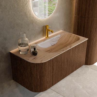 Badmeubel Mondiaz Kurve-Dlux | 95 cm | Meubelkleur Walnut | Wastafelkleur Arena | Solid surface | Wasbak rechter zijde spoelbak | 1 kraangat