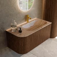 Badmeubel Mondiaz Kurve-Dlux | 95 cm | Meubelkleur Walnut | Wastafelkleur Arena | Solid surface | Wasbak rechter zijde spoelbak | 1 kraangat