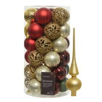 Kunststof kerstballen 37x st - rood/goud/parel/groen - 6 cm - met glazen piek - thumbnail