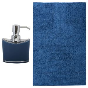 MSV badkamer droogloop mat/tapijt - Sienna - 40 x 60 cm - bijpassende kleur zeeppompje - donkerblauw - Badmatjes