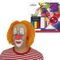 Carnaval verkleed set Clown Bassie - pruik oranje - schminkset met rode neus