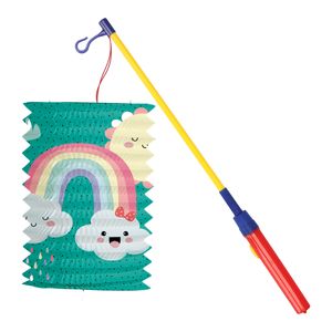 Trek lampion regenboog - blauw - H16 cm - papier - met lampionstokje - 40 cm