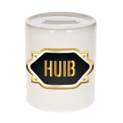 Spaarpot met voornaam Huib - wit - goud/zwart embleem - 8 x 9 cm - keramiek - afsluitdop