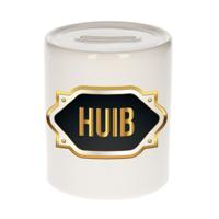 Spaarpot met voornaam Huib - wit - goud/zwart embleem - 8 x 9 cm - keramiek - afsluitdop