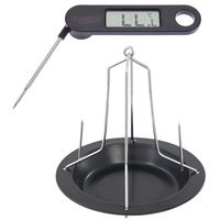 Stalen kippenspit/kiphouder met schotel zwart 20 x 18 cm met vleesthermometer - Ovenschalen - thumbnail