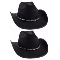 2x stuks zwarte cowboyhoeden met koord