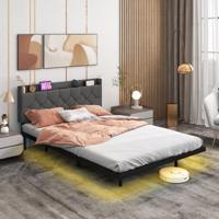 Bed met LED-verlichting Gestoffeerd Bed met Verstelbaar Gewatteerd Hoofdeinde Tweepersoonsbed Bedframe 160 x 200 cm Grijs