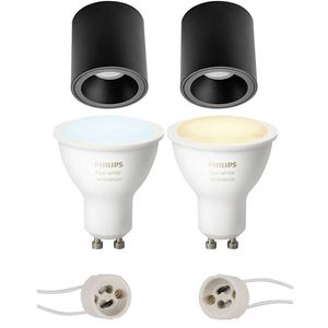 Pragmi Cliron Pro - Opbouw Rond - Mat Zwart - Verdiept - Ø90mm - Philips Hue - Opbouwspot Set GU10 - White Ambiance -