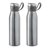 Waterfles - 2x - 650 ml - aluminium - klepdop - handvat - zilver - sportfles - bpa-vrij