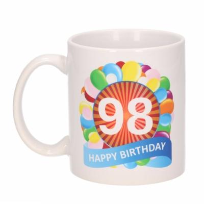 98 jaar Verjaardag koffiemok - cadeau beker - feestelijke ballonnen print - 300 ml - keramiek - wit