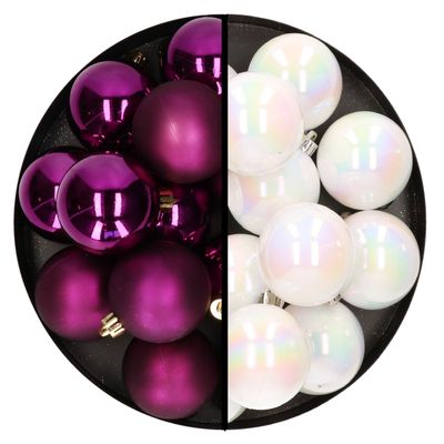 Decoris - kerstballen 24x stuks - mix parelmoer wit en paars - 6 cm - kunststof