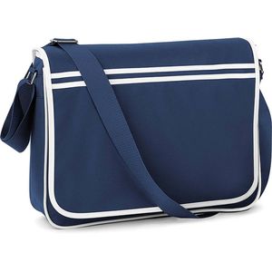 Retro schooltas/laptoptas met verstelbare schouderband navy/wit - Schoudertas