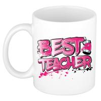 Cadeau koffie/thee mok voor Meester/juf - roze - graffiti letters - de beste - 300 ml