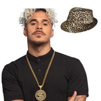 Pimp/pooier foute party verkleed set - 2 delig - heren - panter hoed - dollar teken ketting goud