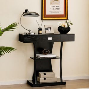 T-Vormige Consoletafel Achterbanktafel met Lade Legplanken en Dubbele Anti-Kantelsets Instap Bijzettafel voor Woonkamer Zwart /Grijs