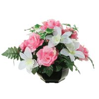 Kunstbloemen plantje orchidee/rozen in pot - kleuren roze/wit - 25 cm - Bloemstuk - bladgroen