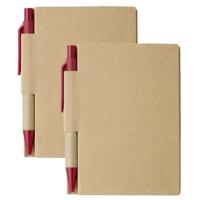 Notitie boekje/blok met balpen - 2x - harde kaft - beige/rood - 11 x 8 cm - 80 bladzijden gelinieerd